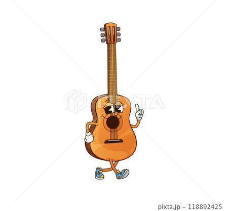 Cartoon acoustic guitar groovy musical instrument character. Isolated vector personage with smiling face showing pointing gesture. Educational playing music classes for kids, musician equipment store 118892425