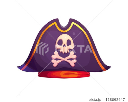 Cartoon pirate tricorn cocked hat. Vector corsair, captain, seafarer headdress with jolly roger skull and crossbones. Isolated buccaneer headgear, filibuster costume, sailor cap with red headband 118892447