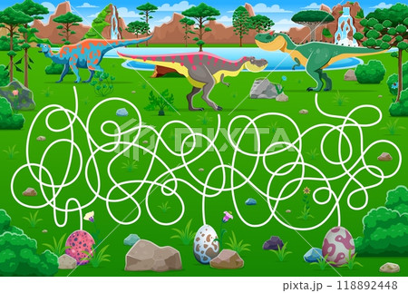Labyrinth maze game, help to prehistoric dinosaur mother find her own egg, vector worksheet. Kids game labyrinth maze with path for dinosaur mothers to find way to dino baby eggs in Jurassic park 118892448