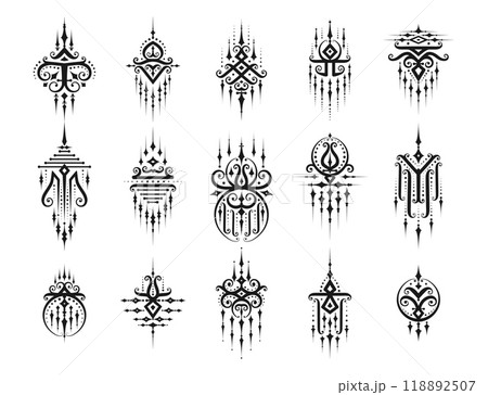 Sacred oriental Thai symbols for tattoo or Yantra Sak Yant and Buddhism religious signs, vector icons. Thailand ethnic sacred ornaments of Yantra or Sak Yant tattooing art and Thai culture symbols Sacred oriental Thai symbols for tattoo or Yantra Sak Yant and Buddhism religious signs, vector icons. Thailand ethnic sacred ornaments of Yantra or Sak Yant tattooing art and Thai culture symbols 118892507