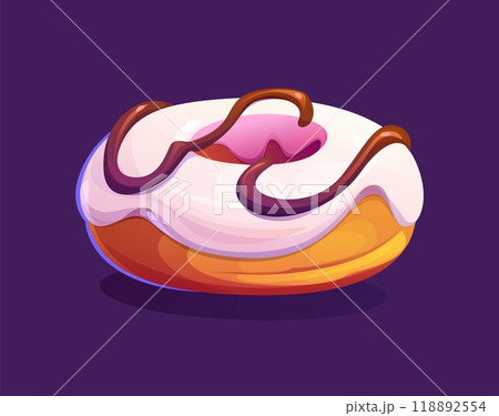 Cartoon dessert game donut, fast food treat. Isolated vector luscious doughnut drizzled with chocolate icing. Bakery, confection or pastry combines rich cocoa flavor with a sweet, decadent topping 118892554