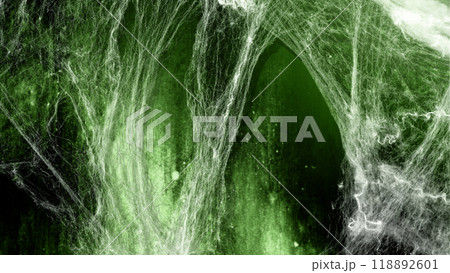 Spooky creepy cobweb spider web in the green dark room. The scene is somewhat scary and mysterious. Mockup. Copy Space 118892601