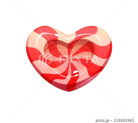Valentine heart pink candy lollypop, sweets and confectionery. Isolated cartoon vector playful valentines day romantic treat dessert, glossy heart-shaped toffee with white and pink swirl pattern Valentine heart pink candy lollypop, sweets and confectionery. Isolated cartoon vector playful valentines day romantic treat dessert, glossy heart-shaped toffee with white and pink swirl pattern 118892661