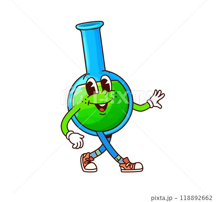 School flask groovy character. Cartoon vector laboratory beaker filled with green liquid, features cheerful expression, wearing sneakers and exudes a funky educational vibe, ready for playful science 118892662