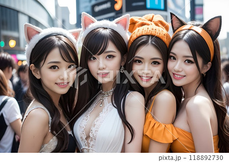 被り物をした3人の女性がハロウィンの街歩きを楽しむ 118892730