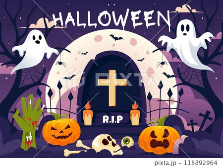 Happy Halloween Night Vector Illustration featuring Pumpkins in the Moonlight, Ghosts, and Other Spooky Elements in a Flat Cartoon Background Happy Halloween Night Vector Illustration featuring Pumpkins in the Moonlight, Ghosts, and Other Spooky Elements in a Flat Cartoon Background 118892964