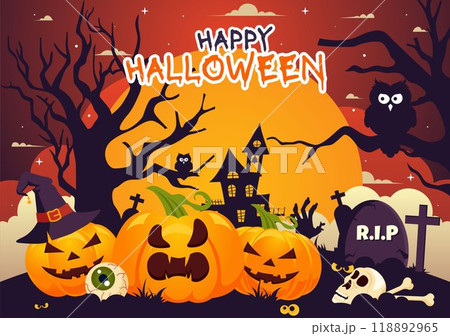 Happy Halloween Night Vector Illustration featuring Pumpkins in the Moonlight, Ghosts, and Other Spooky Elements in a Flat Cartoon Background Happy Halloween Night Vector Illustration featuring Pumpkins in the Moonlight, Ghosts, and Other Spooky Elements in a Flat Cartoon Background 118892965