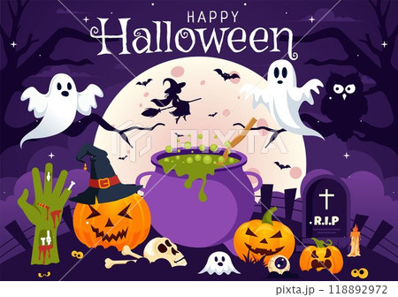 Happy Halloween Night Vector Illustration featuring Pumpkins in the Moonlight, Ghosts, and Other Spooky Elements in a Flat Cartoon Background Happy Halloween Night Vector Illustration featuring Pumpkins in the Moonlight, Ghosts, and Other Spooky Elements in a Flat Cartoon Background 118892972