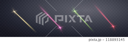 Glowing magic laser beams set. Neon line, presentation pointer. Blue glow flare light effect. Vector illustration. Isolated on dark transparent background. 118893145