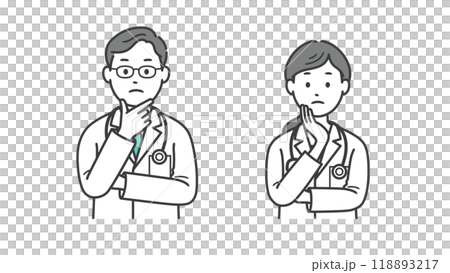 一位男女醫生的上半身插圖，雙手放在困擾的臉上 118893217