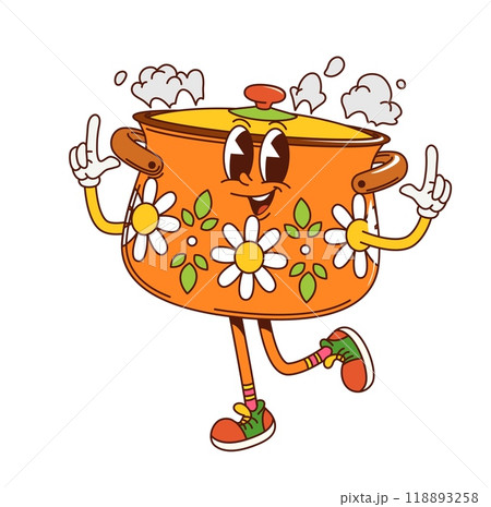 Cartoon groovy kitchen pot character or saucepan casserole, vector retro comic. Groovy funky kitchenware utensil of character saucepan or cooking pot with happy smile on face for kitchen cooking emoji 118893258