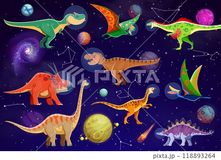 Funny dinosaur astronauts in space, cartoon prehistoric lizards with galaxy planets, vector characters. T-rex spaceman in astronaut bubble helmet with raptor and dino lizards in galaxy sky with stars 118893264