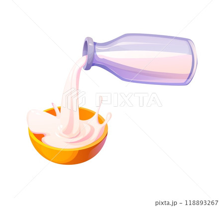 Milk pouring from a transparent bottle into a yellow bowl showcase cooking process. Isolated cartoon vector dairy drink smooth, flowing motion, symbolizing food preparation, freshness and nourishment 118893267
