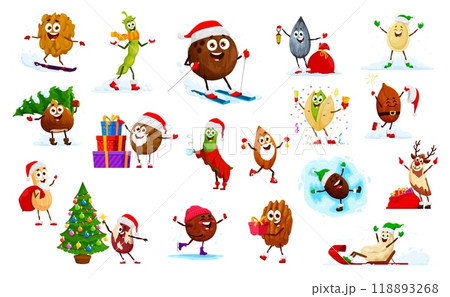 Cartoon Christmas nut, seed and bean characters, vector Xmas food personages. Cute almond, walnut and peanut, coffee, sunflower and pumpkin seeds, hazelnut and coconut with Christmas tree and gifts 118893268