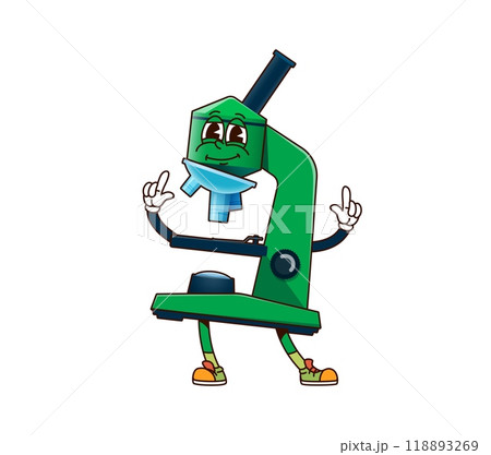 School education microscope groovy character. Cartoon vector laboratory equipment personage embodying spirit of learning and science, ready for scientific exploration, students and teachers tasks School education microscope groovy character. Cartoon vector laboratory equipment personage embodying spirit of learning and science, ready for scientific exploration, students and teachers tasks 118893269