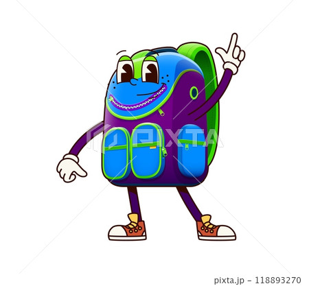 Groovy school backpack character. Isolated cartoon vector retro rucksack or bag personage with a friendly face, and pointing up gesture, ready for back-to-school adventures and children education 118893270