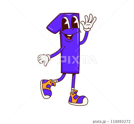 Math number one groovy character. Cartoon cute funny digit wearing retro sneakers. Isolated vector playful 1 numeral math personage exudes positivity, waving it hand with quirky and endearing vibes Math number one groovy character. Cartoon cute funny digit wearing retro sneakers. Isolated vector playful 1 numeral math personage exudes positivity, waving it hand with quirky and endearing vibes 118893272