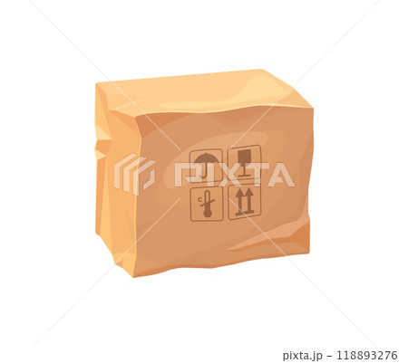 Damaged crumpled cardboard delivery box, broken and ripped cargo parcel package, vector icon. Parcel package box with damages and crumpled cardboard or crushed carton with fragile warning signs 118893276
