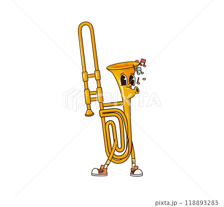 Cartoon trombone groovy musical instrument character whistling a melody with happy carefree face. Isolated vector brass pipe or horn personage for music school, educational classes or performance Cartoon trombone groovy musical instrument character whistling a melody with happy carefree face. Isolated vector brass pipe or horn personage for music school, educational classes or performance 118893283