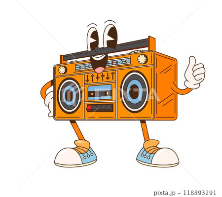 Cartoon retro groovy tape recorder character featuring classic design with buttons, dials, and speakers. Isolated vector vintage boombox personage in sneakers and gloves, smiles and flashing thumbs-up Cartoon retro groovy tape recorder character featuring classic design with buttons, dials, and speakers. Isolated vector vintage boombox personage in sneakers and gloves, smiles and flashing thumbs-up 118893291
