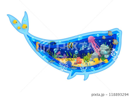 Paper cut sea whale silhouette with underwater landscape trimming with sea creatures, fish, coral reefs, jellyfish and marine plants. 3d vector papercut frame embodies the beauty of ocean ecosystem 118893294