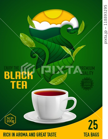 Paper cut poster with tea plantations. Vector promo featuring white porcelain cup of black tea with a saucer, fresh green leaves and a scenic sunrise, emphasizing the natural, organic product quality Paper cut poster with tea plantations. Vector promo featuring white porcelain cup of black tea with a saucer, fresh green leaves and a scenic sunrise, emphasizing the natural, organic product quality 118893295