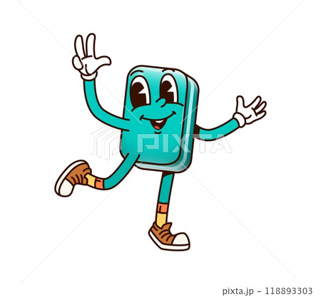 School education eraser groovy character. Isolated cartoon vector eraser tool with cheerful smile and peace gesture. School or office rubber, educational stationery retro personage evoking funky vibes 118893303