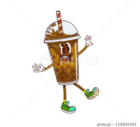 Groovy retro cartoon bubble tea drink character with funky happy smile on face, vector comic art. Groovy cartoon funny bubble tea with drinking straw and funky crazy face for sweet beverage emoji Groovy retro cartoon bubble tea drink character with funky happy smile on face, vector comic art. Groovy cartoon funny bubble tea with drinking straw and funky crazy face for sweet beverage emoji 118893305