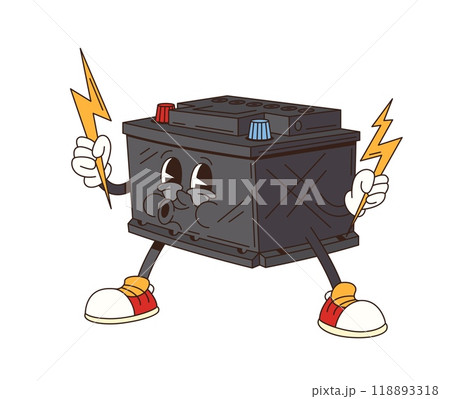 Cartoon retro groovy car battery character with funky face for car spare parts emoji, vector comic art. Groovy retro cartoon car accumulator battery with lightning charge in hands and whistling 118893318