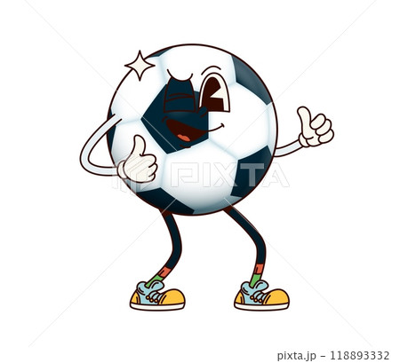 Groovy school soccer ball character showcasing a sporty and funky vibe. Isolated cartoon vector retro sport personage with happy face and thumbs up, captures the joy and excitement of football game 118893332