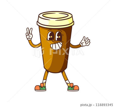 Retro groovy fast food coffee character with cheerful expression, posing with a peace sign. Isolated cartoon vector disposable coffee cup with playful smiling face. Hot drink mug, engaging personage 118893345