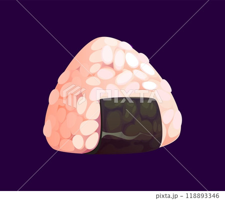 Cartoon Japanese onigiri, rice ball wrapped in seaweed, with plump, shiny grains of rice. Isolated vector traditional japanese cuisine meal, asian restaurant menu dish. Triangular onigiri piece 118893346