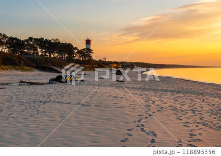Sandy beach of Baltic sea on Curonian Spit at sunset. Village Lesnoy. Kaliningrad region. Russia Sandy beach of Baltic sea on Curonian Spit at sunset. Village Lesnoy. Kaliningrad region. Russia 118893356