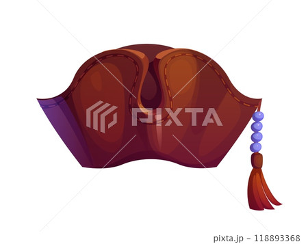 Cartoon pirate tricorn cocked hat of corsair and Caribbean sailors, vector icon. Pirate hat of boatswain corsair tricorne hat and skipper headwear of leather with beads and tassel for sea adventure Cartoon pirate tricorn cocked hat of corsair and Caribbean sailors, vector icon. Pirate hat of boatswain corsair tricorne hat and skipper headwear of leather with beads and tassel for sea adventure 118893368