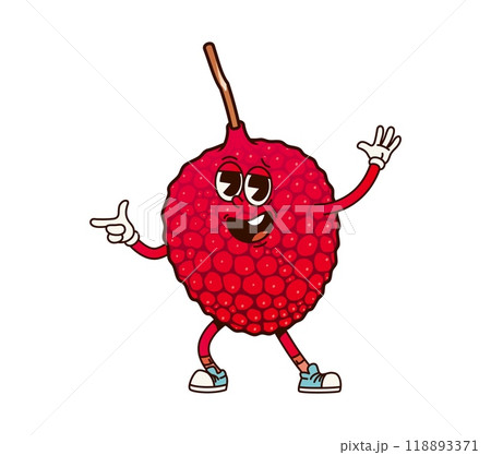 Cartoon groovy lychee fruit character gesturing energetically, exuding sense of excitement and fun. Isolated vector ripe and cheerful tropical fruit retro personage in vintage sneakers and gloves Cartoon groovy lychee fruit character gesturing energetically, exuding sense of excitement and fun. Isolated vector ripe and cheerful tropical fruit retro personage in vintage sneakers and gloves 118893371
