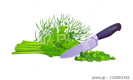 Knife cutting a bundle of fresh herbs, with some of the greens finely chopped. Cartoon vector process of preparing and cooking healthy meal with ripe herbal seasonings and garden plants on kitchen Knife cutting a bundle of fresh herbs, with some of the greens finely chopped. Cartoon vector process of preparing and cooking healthy meal with ripe herbal seasonings and garden plants on kitchen 118893382