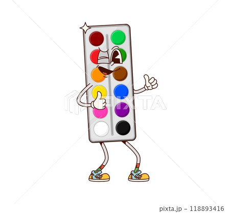 School education watercolor groovy character captures funky and creative mood. Cartoon vector watercolor paint box personage features cheerful expression, promoting creative art and education for kids School education watercolor groovy character captures funky and creative mood. Cartoon vector watercolor paint box personage features cheerful expression, promoting creative art and education for kids 118893416