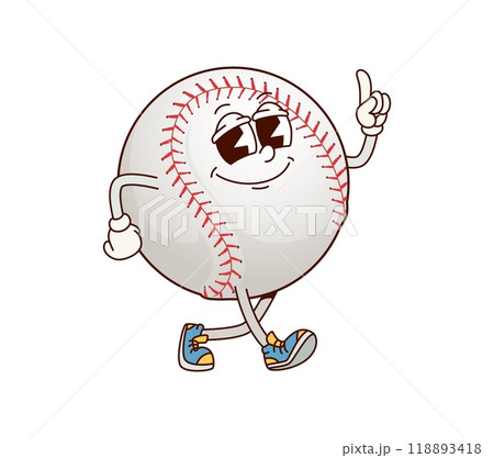 Baseball ball groovy character exuding cool and confident vibe with friendly smile and pointing upwards gesture. Cartoon vector sports ball retro personage walking with positive, playful, sporty vibe Baseball ball groovy character exuding cool and confident vibe with friendly smile and pointing upwards gesture. Cartoon vector sports ball retro personage walking with positive, playful, sporty vibe 118893418