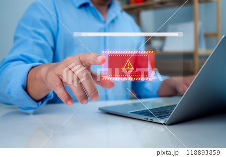 System warning hacked alert, Staff receive notifications from the system fraud alert, Laptop shows a warning sign of system failure, Notification spam, Cyber attack on network, Virus and Cybersecurity 118893859