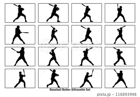 silhouette of a person playing baseball, Baseball Batter Hitting Ball with Bat for Home Run silhouette. 118893998