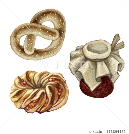 Color illustration of a set of sweets. Fresh pastries and homemade jam. Vintage style. For printing and design of menus, culinary websites, kitchen stickers and cookbooks, bakery and restaurant. 118894183