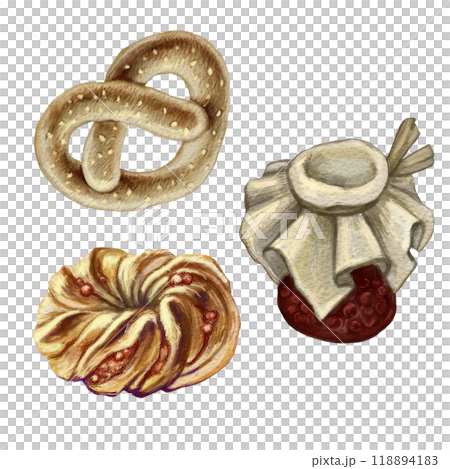 Color illustration of a set of sweets. Fresh pastries and homemade jam. Vintage style. For printing and design of menus, culinary websites, kitchen stickers and cookbooks, bakery and restaurant. 118894183