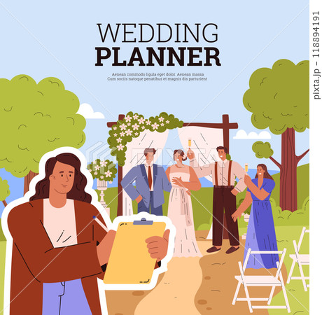 Wedding vector planner, professional organizer planning marriage event woman coordinator, happy bride and groom, guests 118894191