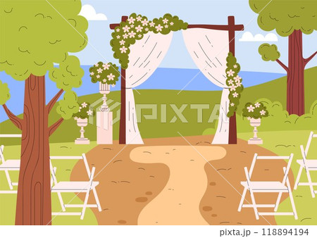 Wedding venue on nature, vector blooming floral arch altar with curtains rustic scene for matrimony ceremony with chairs Wedding venue on nature, vector blooming floral arch altar with curtains rustic scene for matrimony ceremony with chairs 118894194