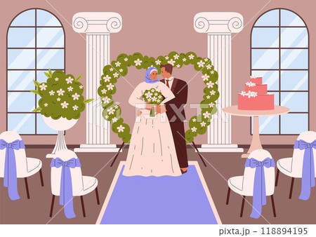 Illustration of a Muslim bridegroom and bride against the backdrop of an interior room with an arch. Illustration of a Muslim bridegroom and bride against the backdrop of an interior room with an arch. 118894195