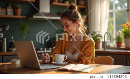 Home with Coffee and Stories Woman 118894208