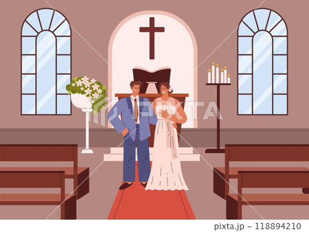 Vector illustration depicting Greek bride and groom in church setting. 118894210