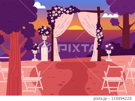Vector illustration of the wedding venue against the background of the sunset sky 118894228