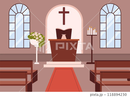 Church hall for Christian religious ceremony, chapel altar wedding venue, vector interior arch windows, flowers, candles Church hall for Christian religious ceremony, chapel altar wedding venue, vector interior arch windows, flowers, candles 118894230