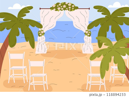 Vector illustration of the wedding venue on the background of the sea beach 118894233